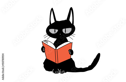 本を読む黒猫のキャラクターイラスト｜知的でミステリアスなフラットデザイン