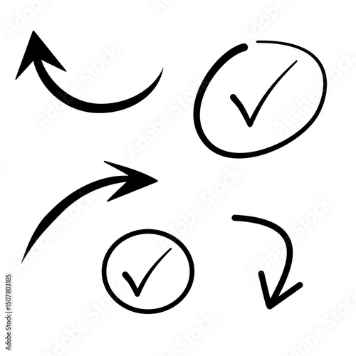 Hand Drawn Arrow and Check Mark Icon Set – Sketch Style Vector Elements