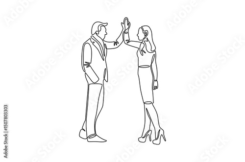 Continuous one line drawing of Two professional businessmen giving highfive. Single line drawing illustration of Partnership high five. Ipo profit victory concept vector art. Doodle line illustration.
