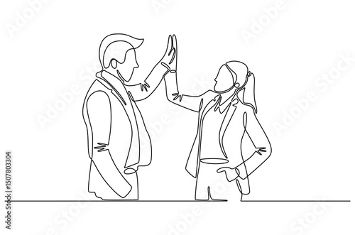 Continuous one line drawing of Two professional businessmen giving highfive. Single line drawing illustration of Partnership high five. Ipo profit victory concept vector art. Doodle line illustration.