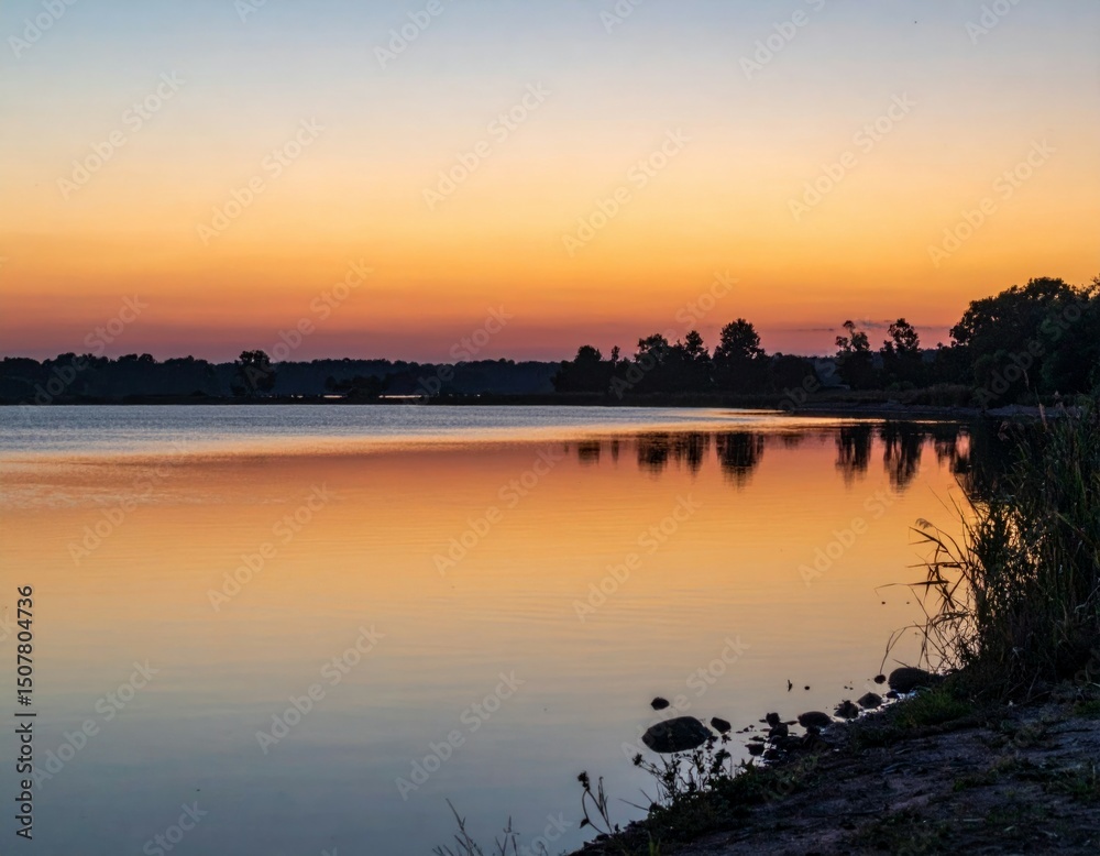 Fototapeta premium Serene Sunset Over Calm Water with Reflective Sky and Silhouettes