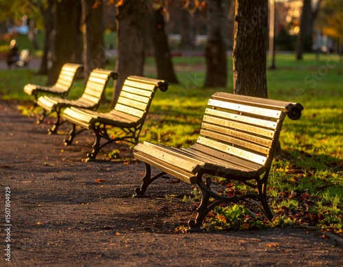 Serene Park Benches at Sunset with Warm Golden Light Reflections