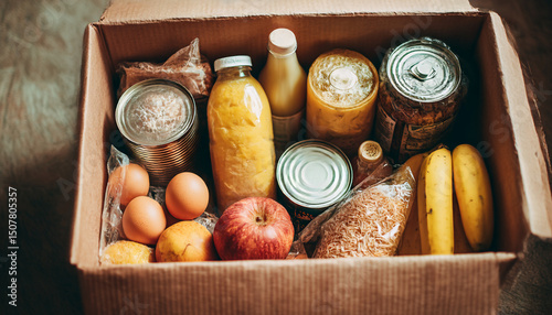 A cardboard box filled with canned goods, fruits, eggs, and other food items ready to be delivered