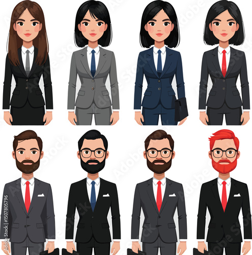 Diverse group of business professionals wearing suits with different hair and tie colors