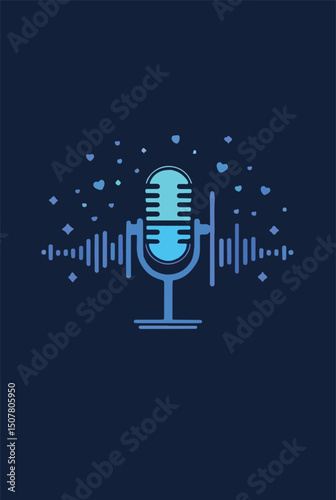 A microphone against a blue background with a sound wave graphic, symbolizing audio recording or broadcasting..eps