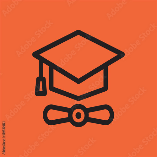 Graduation cap and diploma icon on orange background