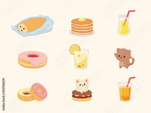 A variety of food items and drinks displayed together on a table, showcasing diverse culinary options (1).eps