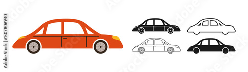 Simple modern Car icon symbol cartoon set. Hand drawn cute automobile car in multiple styles colored, silhouette, outline kid collection. Simple children funny auto transport icon vector illustration