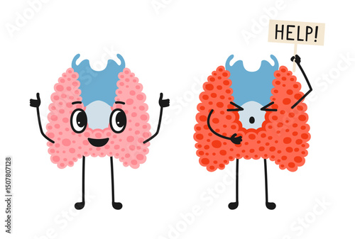Two thyroid mascot glands healthy and unhealthy cartoon childish illustration. Happy thyroid gland giving thumbs up and sad sick body organ character. Check health organ. Vector medical comic poster