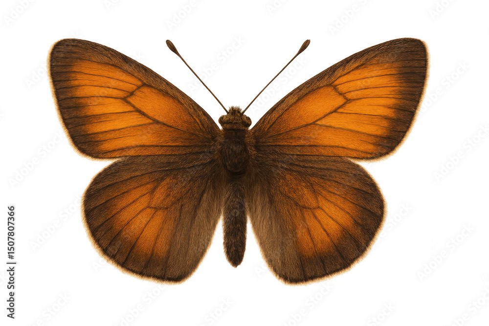 Fototapeta premium Brown ringlet butterfly displaying delicate wing markings, featuring orange and brown color tones against transparent backdrop
