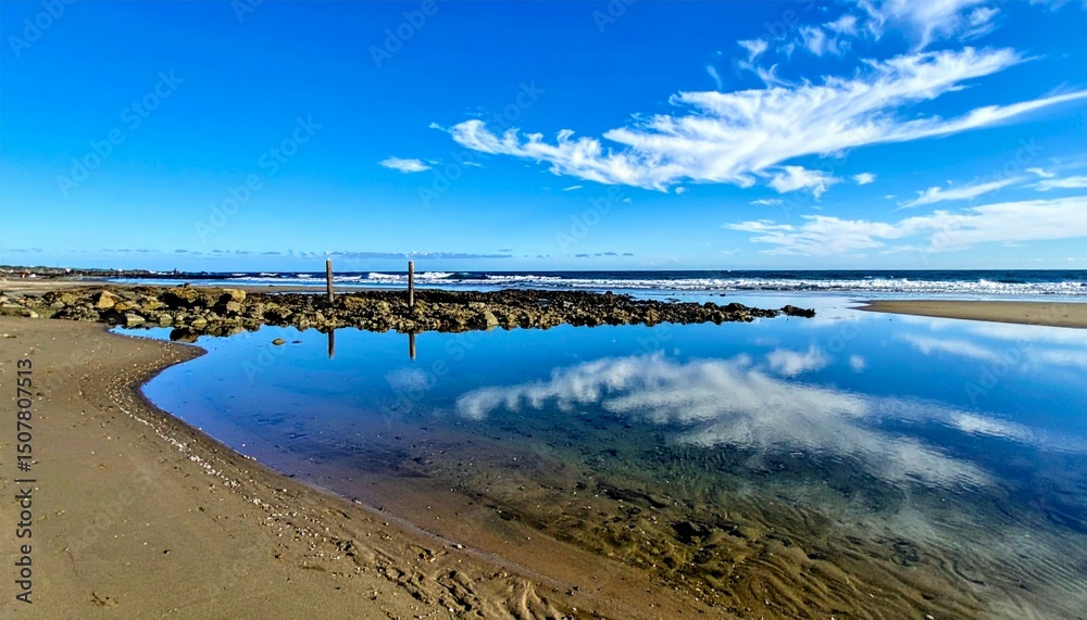 Fototapeta premium Serene Beach Landscape with Clear Blue Sky and Calm Water Reflections