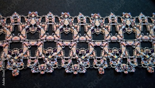 Geometric lace motif, sharp lines, black thread, texture, craft, dark