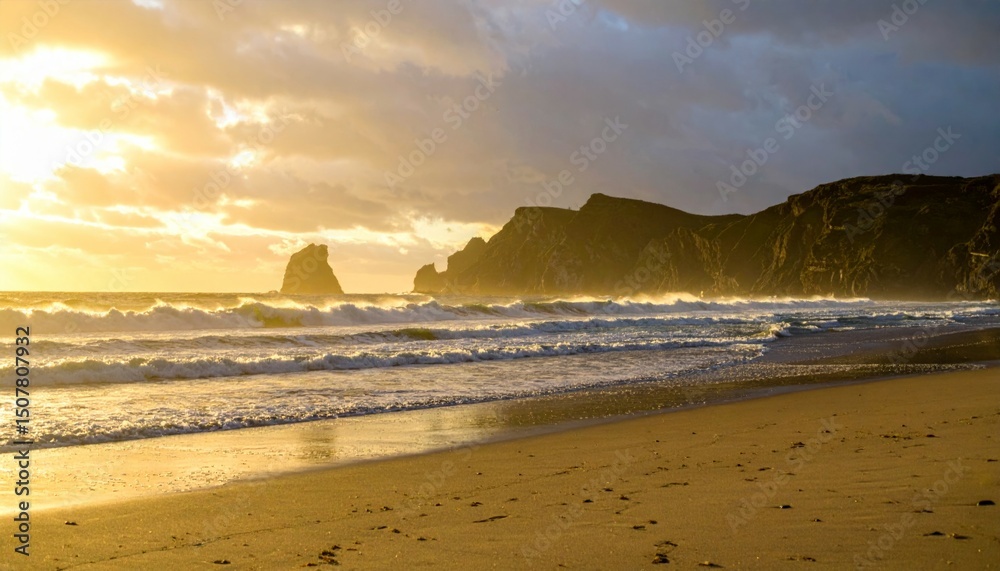 Fototapeta premium Serene Sunset Over Waves and Rocky Cliffs Along the Coastline