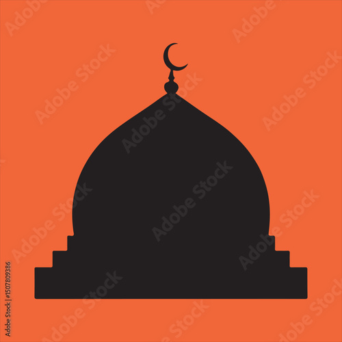 Simple black silhouette of mosque dome and crescent moon
