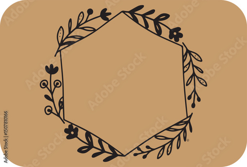 Elegant hexagon floral frame brown background simple design element
