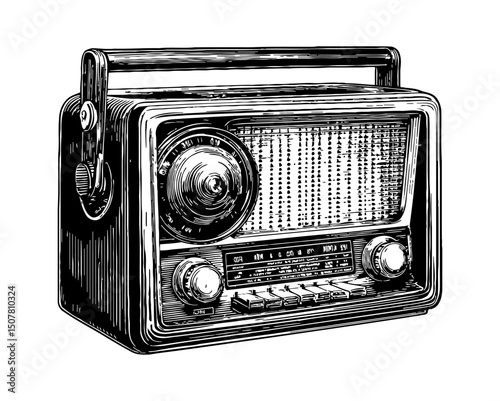 Detailed Black and White Engraving Style Illustration of a Vintage Radio Receiver Device