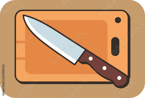 A chef s knife resting on an orange cutting board a simple kitchen illustration