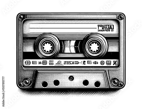 Black and white detailed line art drawing of vintage audio cassette tape isolated on white