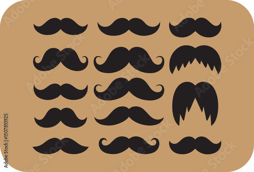 Collection of various mustache styles black silhouettes on tan background