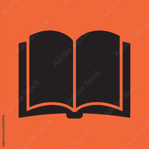 Simple black open book icon on orange background