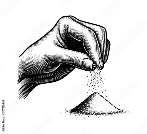 Hand sprinkling spices or salt onto a pile in vintage engraving style, black and white, closeup