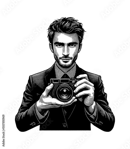 Young Caucasian Man Holding Camera with Serious Expression in Black and White Detailed Engraving Art