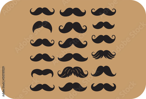 Collection of sixteen different mustache silhouettes on tan background