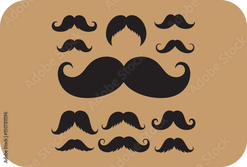 Collection of various mustache styles black silhouettes on tan background