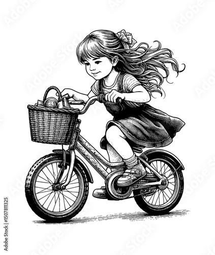 Smiling Little Girl Riding Bicycle with Basket in Black and White Detailed Line Art Drawing