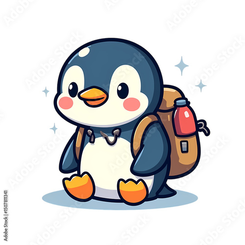 Cute Cartoon Penguin with Backpack Ready for Adventure Isolated on Black Background with Stars