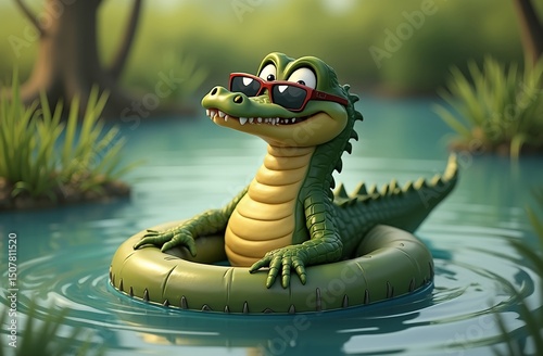 A 3D cartoon funny crocodile wearing sunglasses and floating on a rubber ring in a swamp