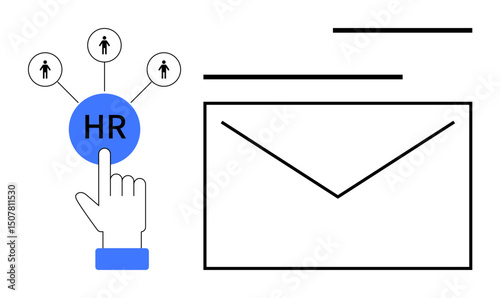 Hand tapping HR button connecting to candidates, envelope symbolizing recruitment communication. Ideal for HR workflow, recruiting, hiring, email communication, candidate selection, resource
