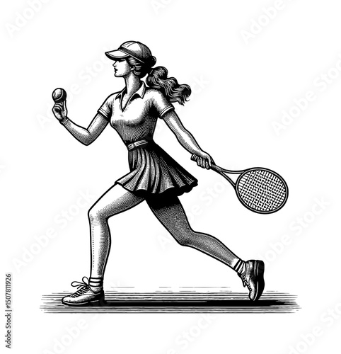 Female tennis player running with racket and ball in vintage engraved illustration style