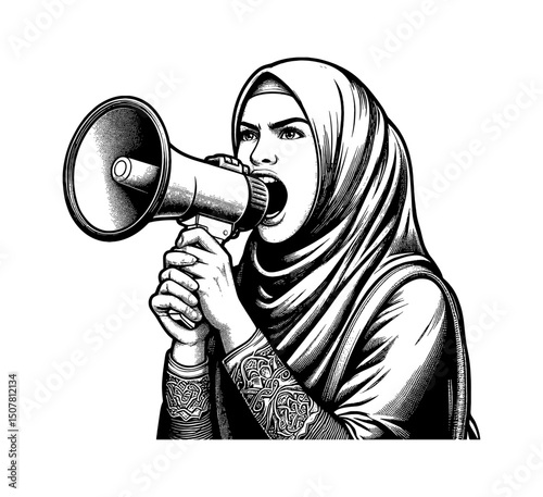 Muslim Woman in Hijab Protesting and Shouting into Megaphone in Engrave Style Illustration