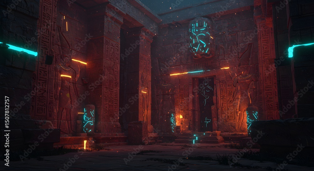Naklejka premium Ancient Temple Interior with Hieroglyphs and Glowing Lights