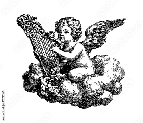 Cherub Angel Playing Harp on Cloud in Black and White Engraving Detailed Vintage Illustration