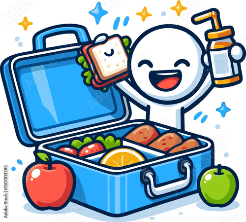 Happy Cartoon Character with Healthy Lunchbox and Snacks