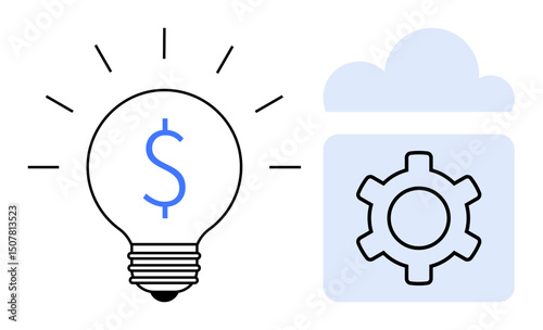 Lightbulb with dollar sign emphasizes financial ideas. Gear inside cloud represents technology innovations. Ideal for finance, technology, cloud computing, innovation, business ideas, optimization
