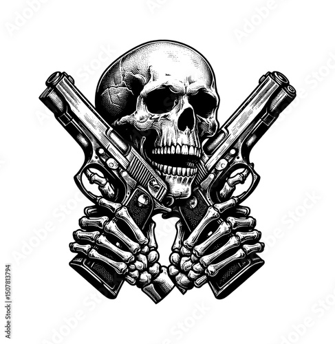 Skull with skeleton hands holding crossed pistols vector illustration in black and white