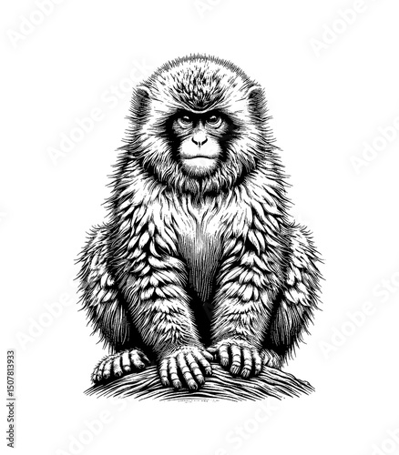Detailed Engraving of a Monkey Sitting on a Branch, Black and White Illustration