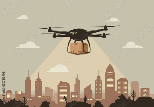 Drone Delivery Over Cityscape Modern Logistics and Urban Transport