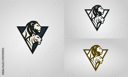 Lion and Lioness Logo: Majestic lion and lioness profiles in a modern triangle logo design, available in black, white, and gold color variations.  Perfect for branding and identity. 