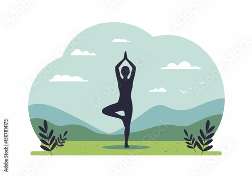 Silhouette Tree Pose Meditation Outdoors for Wellness and Fitness