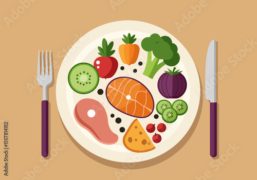 Balanced Diet Plate with Salmon Meat Vegetables and Fruits