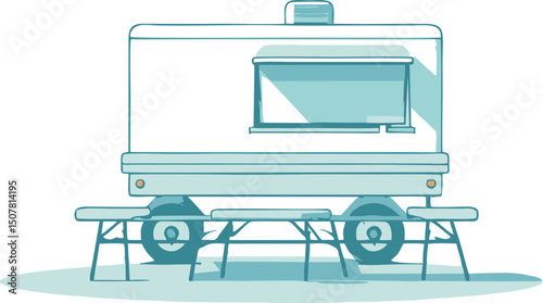 Retro Food Truck with Picnic Tables - Simple Line Art Illustration
