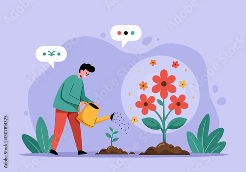 Man watering plant conceptual microstock vector graphic image