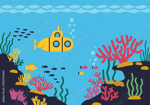 Underwater World with Yellow Submarine and Colorful Coral Reef