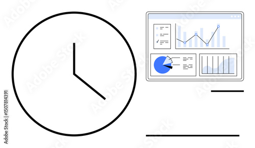 Clock icon symbolizes time management, paired with data charts and analytics dashboard. Ideal for productivity, workflow, planning, business strategy, efficiency, performance tracking, simple landing