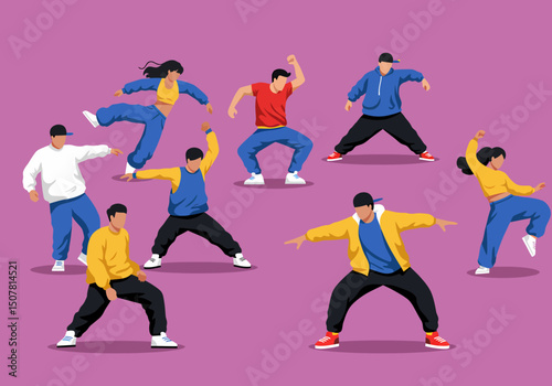 Street Dancers Group Performing Movement On Purple Studio Background