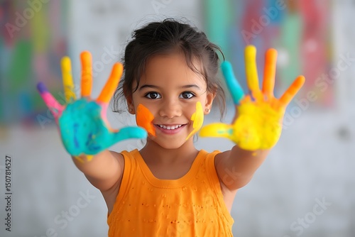child finger painting with pastel paints, happy messy hands